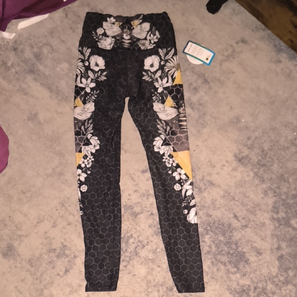 NWT Yoga Democracy | Chic Floral Black and Yellow Leggings